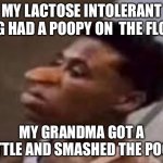 Qaundale Dingle | MY LACTOSE INTOLERANT DOG HAD A POOPY ON  THE FLOOR; MY GRANDMA GOT A BOTTLE AND SMASHED THE POOPY | image tagged in qaundale dingle | made w/ Imgflip meme maker