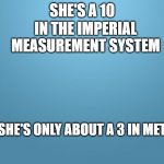 i used Feet to Meters conversion here, so she's technically a 3.048 | IN THE IMPERIAL MEASUREMENT SYSTEM; SHE'S A 10; SO SHE'S ONLY ABOUT A 3 IN METRIC | image tagged in shes a 10,she's a 10,metric,funny | made w/ Imgflip meme maker