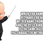 That happened to me before | WHEN YOU NAME A NEW PET, HAVE YOU NAMED IT WITH A NAME FROM PEPPA PIG AND THE PET’S KIND OF ANIMAL IS THE SAME AS THE PEPPA PIG CHARACTER WITHOUT KNOWING? | image tagged in boss baby make a statement,peppa pig | made w/ Imgflip meme maker