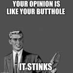 Let me stop you right there | YOUR OPINION IS LIKE YOUR BUTTHOLE; IT STINKS | image tagged in let me stop you right there | made w/ Imgflip meme maker