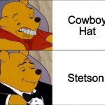 Two types of people | Cowboy Hat; Stetson | image tagged in cursed pooh tuxedo pooh | made w/ Imgflip meme maker