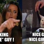 Woman Yelling at Smudge the Cat | NICE GUYS LIKE NICE GIRLS, KAREN. I'M LOOKING FOR A "NICE" GUY ! | image tagged in woman yelling at smudge the cat | made w/ Imgflip meme maker