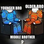 my life | YOUNGER BRO; OLDER BRO; MIDDLE BROTHER | image tagged in two giants looking at a small guy | made w/ Imgflip meme maker