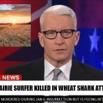 Kansas Wheat Shark Attack. | AARDVARK RATNIK; KANSAS PRAIRIE SURFER KILLED IN WHEAT SHARK ATTACK | image tagged in breaking news,cnn fake news,fox news,funny memes,shark week | made w/ Imgflip meme maker
