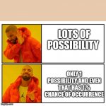 Drake meme | LOTS OF POSSIBILITY; ONLY 1 POSSIBILITY AND EVEN THAT HAS 1 % CHANCE OF OCCURRENCE | image tagged in drake s choice | made w/ Imgflip meme maker