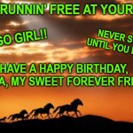 sunset horses  | STILL RUNNIN' FREE AT YOUR AGE? YOU GO GIRL!! NEVER STOP, UNTIL YOU DROP! HAVE A HAPPY BIRTHDAY, VELMA, MY SWEET FOREVER FRIEND. | image tagged in sunset horses | made w/ Imgflip meme maker