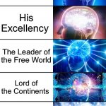 China’s on the line “Pre existing conditions in determinism” | Him The President His Excellency The Leader of the Free World Lord of the Continents Emperor of the Atlas The Pre-existing Conditions in Det | image tagged in 7-tier expanding brain,funny | made w/ Imgflip meme maker