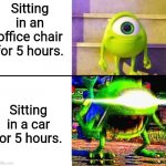 Car seats always hurt after a couple hours. | Sitting in an office chair for 5 hours. Sitting in a car for 5 hours. | image tagged in kid mike wazowski | made w/ Imgflip meme maker