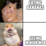 scared hamster | EATING BANANAS; SEEING MINION MOB | image tagged in scared hamster | made w/ Imgflip meme maker
