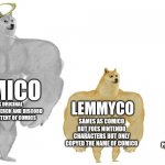 Comico vs lemmyco vs judeco | COMICO; CREATES ORIGINAL CONTENT WITH MERCH AND DISCORD AND COOL CONTENT OF COMICS; LEMMYCO; SAMES AS COMICO BUT FOES NINTENDO CHARACTERS BUT ONLY COPYED THE NAME OF COMICO; JUDECO; COPY AND PASTED COMICO | image tagged in huge doge big doge smol doge,comic,lemmy,garbage | made w/ Imgflip meme maker