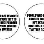 I don't know what the scammers expected | PEOPLE WHO ARE DUMB 
ENOUGH TO FALL FOR 
NFT SCAMS ON 
OBVIOUSLY HIJACKED 
TWITTER ACCOUNTS; PEOPLE WHO ARE INVOLVED
ENOUGH IN SECURITY TO 
FOLLOW AN INDEPENDENT 
ANTI-MALWARE TESTING 
LAB ON TWITTER | image tagged in non overlapping venn diagram | made w/ Imgflip meme maker