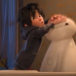 Hiro trying to hide Baymax