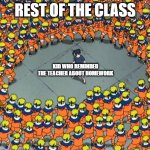 Naruto clone jutsu | REST OF THE CLASS; KID WHO REMINDED THE TEACHER ABOUT HOMEWORK | image tagged in naruto clone jutsu | made w/ Imgflip meme maker