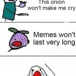 It's kinda sad | This onion won't make me cry Memes won't last very long | image tagged in this onion won't make me cry,sad | made w/ Imgflip meme maker