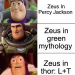 Kinda true though | Zeus In Percy Jackson Zeus in green mythology Zeus in thor: L+T | image tagged in better best blurst lightyear edition,funny,memes,percy jackson,thor | made w/ Imgflip meme maker