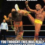 Hulk Hogan | REMEMBER WHEN; YOU THOUGHT THIS WAS REAL?
YOU WERE SO DUMB. | image tagged in hulk hogan | made w/ Imgflip meme maker