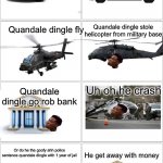 The goofy ahh chronicles of quandale dingle | It was another goofy ahh day in dingleville; Quandale dingle watching tv when he hear knock at door; Quandale dingle got into his car that changes car types before police get in his home he snuck through his backyard; Fbi open up; Police chased quandale dingle all throughout dingleville; Quandale dingle was in high speed police pursuit; Quandale dingle fly; Quandale dingle stole helicopter from military base; Uh oh he crash; Quandale dingle go rob bank; Or do he the goofy ahh police sentence quandale dingle with 1 year of jail; He get away with money; Quandale dingle is brought to jail; He locked up; 1 year later; Finally quandale dingle is back at home he enjoy watch tv the end | image tagged in blank comic panel 2x8,goofy ahh,quandale dingle,the goofy ahh chronicles | made w/ Imgflip meme maker