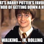 Daily Bad Dad Joke 07/28/2022 | WHAT'S HARRY POTTER'S FAVORITE METHOD OF GETTING DOWN A HILL? WALKING.... JK, ROLLING | image tagged in harry potter smiling | made w/ Imgflip meme maker