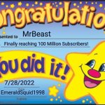 Congrats to MrBeast for reaching 100M subs! | MrBeast Finally reaching 100 Million Subscribers! 7/28/2022 EmeraldSquid1998 | image tagged in memes,happy star congratulations,mrbeast | made w/ Imgflip meme maker