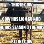 Cow | THIS IS COW; COW H8S LION GU@RD; SHE H8S SEASON 3 THE MOST; BE LIKE COW | image tagged in cow,lion gu4rd | made w/ Imgflip meme maker