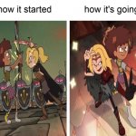 An Anne Boonchuy and Sasha Waybright meme | image tagged in how it started vs how it's going,amphibia,disney channel,friendship,girls,peace sign | made w/ Imgflip meme maker