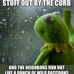 Dumpster diving | WHEN I PUT STUFF OUT BY THE CURB; AND THE NEIGHBORS RUN OUT LIKE A BUNCH OF WILD RACCOONS TO RUMMAGE THROUGH MY GARBAGE | image tagged in why are you like that,dumpster diving,funny,meme,memes | made w/ Imgflip meme maker