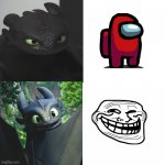 Amongus troll face | image tagged in toothless drake hotline bling | made w/ Imgflip meme maker