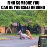 Rawr! | FIND SOMEONE YOU CAN BE YOURSELF AROUND | image tagged in dinosaur couple,dinosaur,dinosaurs,dino,trex,memes | made w/ Imgflip meme maker