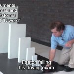 Mythology memes are always funny | arguments, dramas and shitstorms about "N word" Faeton failing his driving exam | image tagged in domino effect | made w/ Imgflip meme maker