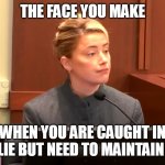 the face you make when you are caught in a lie but need to maintain it | THE FACE YOU MAKE; WHEN YOU ARE CAUGHT IN A LIE BUT NEED TO MAINTAIN IT | image tagged in amber heard,lies,funny,johnny depp,manipulation | made w/ Imgflip meme maker