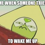 scowling peridot | ME WHEN SOMEONE TRIES; TO WAKE ME UP | image tagged in scowling peridot | made w/ Imgflip meme maker