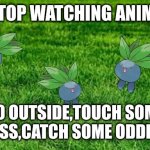 GO TOUCH GRASS | STOP WATCHING ANIME; GO OUTSIDE,TOUCH SOME GRASS,CATCH SOME ODDISH!! | image tagged in touching grass,no anime,pokemon,anime meme,pokemon memes,anti anime | made w/ Imgflip meme maker