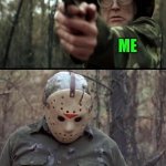 X Vs Y | TRY NOT TO LAUGH CHALLENGE STAPLING MY MOUTH SHUT ME LAUGHS ANYWAY | image tagged in jason voorhees,guns,scared cat,blank yellow sign,green,mask | made w/ Imgflip meme maker