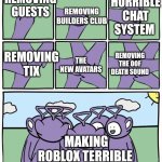 Rest in peace oof I hope you come back | REMOVING BUILDERS CLUB; HORRIBLE CHAT SYSTEM; REMOVING GUESTS; REMOVING TIX; REMOVING THE OOF DEATH SOUND; THE NEW AVATARS; MAKING ROBLOX TERRIBLE | image tagged in teletubbies in a circle,roblox,oof,memes,dank memes | made w/ Imgflip meme maker