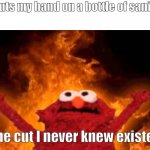 This happened to me today | me *puts my hand on a bottle of sanitiser* The cut I never knew existed | image tagged in elmo fire | made w/ Imgflip meme maker