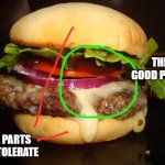 Hamburger Week | THE GOOD PARTS; THE PARTS YOU TOLERATE | image tagged in hamburger week | made w/ Imgflip meme maker