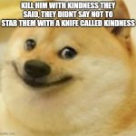 Smile Doge (Cropped) | KILL HIM WITH KINDNESS THEY SAID, THEY DIDNT SAY NOT TO STAB THEM WITH A KNIFE CALLED KINDNESS | image tagged in smile doge cropped,meme,doge,funny,haha,crappy memes | made w/ Imgflip meme maker