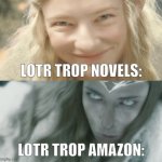 WE FAILED THE RINGS OF POWER! | LOTR TROP NOVELS:; LOTR TROP AMAZON: | image tagged in galadriel two sides,the lord of the rings,lord of the rings | made w/ Imgflip meme maker