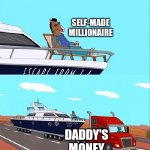 Self made | SELF-MADE MILLIONAIRE; DADDY'S MONEY | image tagged in bojack horseman on his boat | made w/ Imgflip meme maker