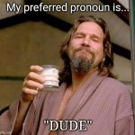 My Preferred Pronoun | My preferred pronoun is... "DUDE" | image tagged in big lebowski | made w/ Imgflip meme maker