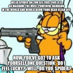 Garfield about to kill your ass | HELLO SPIDER, DO YOU SEE THIS, THIS IS A
44 MAGNUM, THE MOST POWERFUL HANDGUN IN THE WORLD AND WOULD BLOW YOUR HEAD CLEAN OFF, NOW YOU'VE GOT TO ASK YOURSELF ONE QUESTION: 'DO I FEEL LUCKY?' WELL, DO YOU, SPIDER? | image tagged in garfield about to kill your ass | made w/ Imgflip meme maker