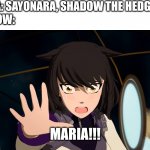 Sayonara Shadow the Hedgehog | MARIA: SAYONARA, SHADOW THE HEDGEHOG.
SHADOW:; MARIA!!! | image tagged in blake belladonna screaming,rwby,sonic adventure 2,memes,shadow the hedgehog | made w/ Imgflip meme maker