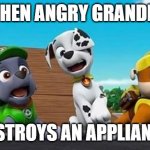 Angry Grandpa | WHEN ANGRY GRANDPA; DESTROYS AN APPLIANCE | image tagged in paw patrol shocked rocky marshall and rubble | made w/ Imgflip meme maker