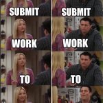 Submitting Work | SUBMIT; SUBMIT; WORK; WORK; TO; TO; CANVAS; YOU BY EMAIL! | image tagged in phoebe and joey repeat after me,teacher,students | made w/ Imgflip meme maker