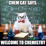 Chemistry Cat | CHEM CAT SAYS WELCOME TO CHEMISTRY | image tagged in memes,chemistry cat | made w/ Imgflip meme maker