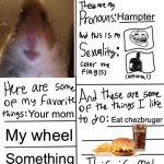 Hampter | Hampter; Hampter; Your mom; Eat chezbruger; My wheel; Something | image tagged in ruining a template,funny,memes,hampter,i quit,stop reading the tags | made w/ Imgflip meme maker