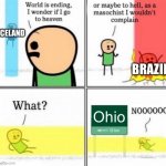 NOhio | ICELAND; BRAZIL; Ohio | image tagged in guy goes to insert text here,ohio,death | made w/ Imgflip meme maker