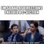 Not a good meme | I’M SO BAD AT DIRECTIONS I NEEDED A C-SECTION | image tagged in self-burn those are rare | made w/ Imgflip meme maker