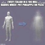 OOF | EVERY ITALIAN IN A 100 MILE RADIUS WHEN I PUT PINEAPPLE ON PIZZA. | image tagged in dissolving,shitpost,beans | made w/ Imgflip meme maker