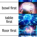 Oh how far you could go with this one | Cereal first milk first bowl first table first floor first ground first gravity first | image tagged in 7-tier expanding brain | made w/ Imgflip meme maker